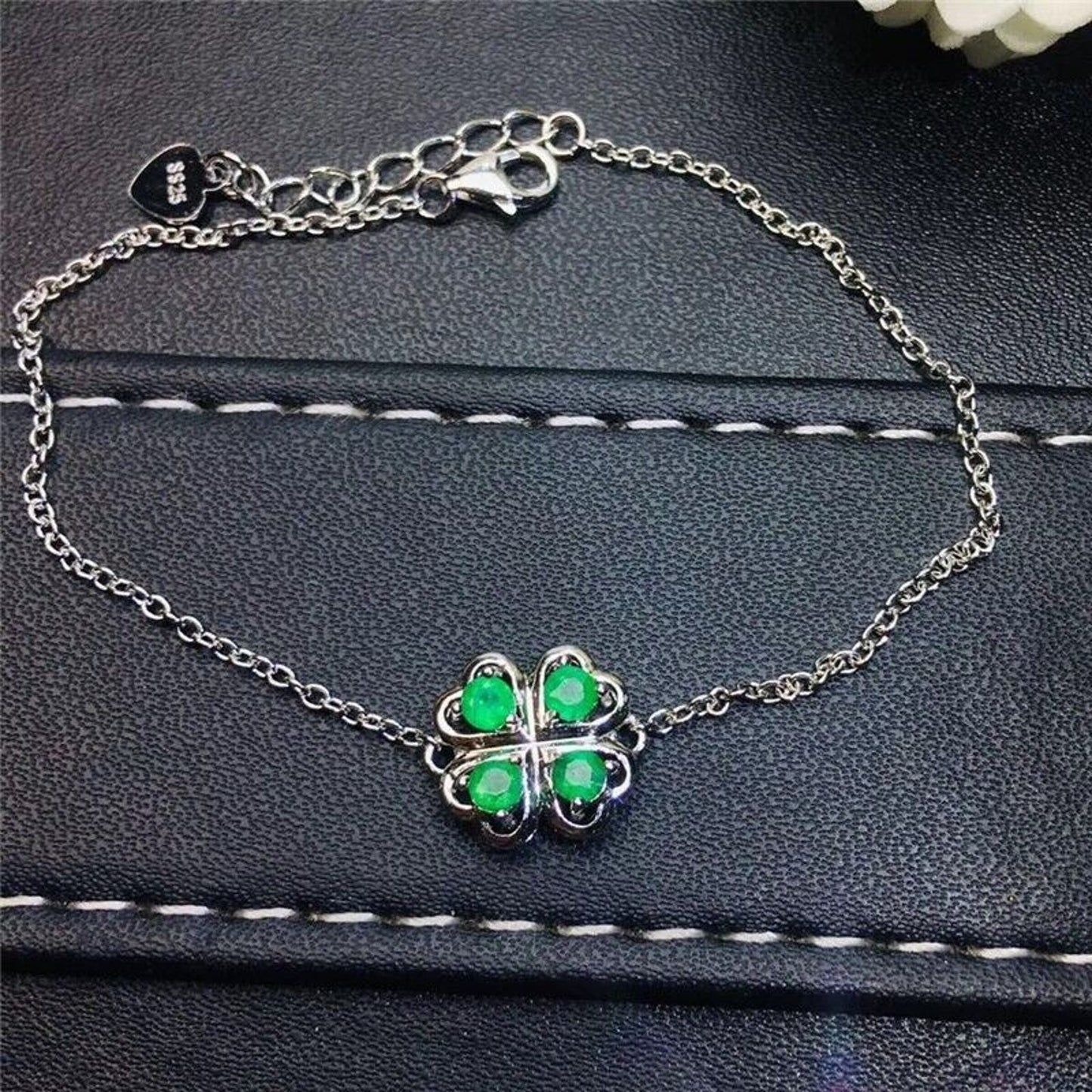 Natural Emerald 4 Leaf Clover Chain Bracelet 3mm