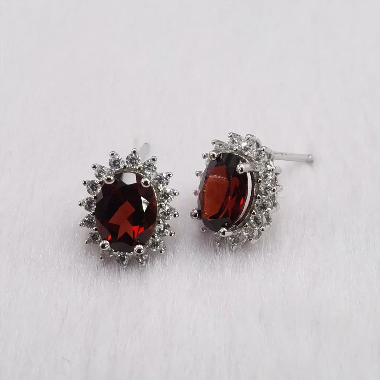 Dark Red Garnet Stud Earrings Oval Cut 6x8mm Platinum Plated