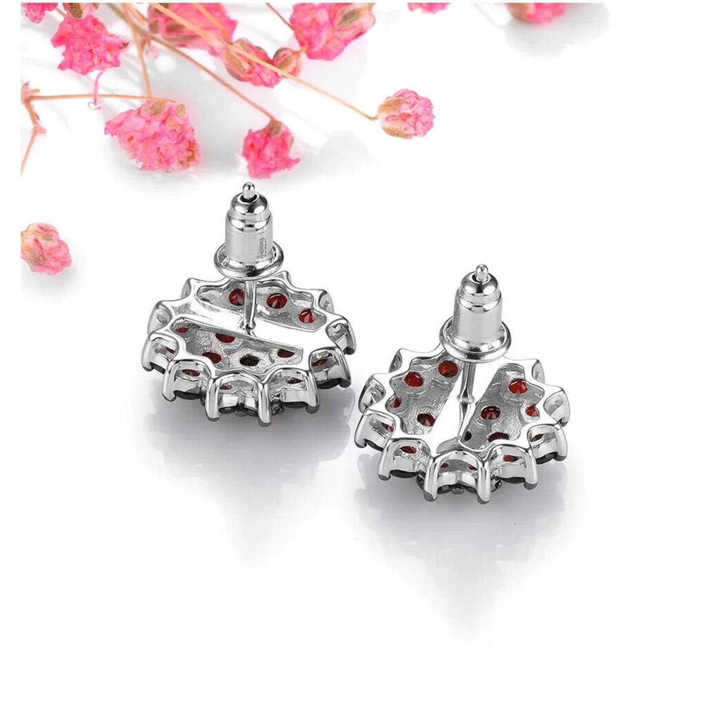 Red Garnet Flower Cluster Stud Earrings 2.5mm Sterling Silver