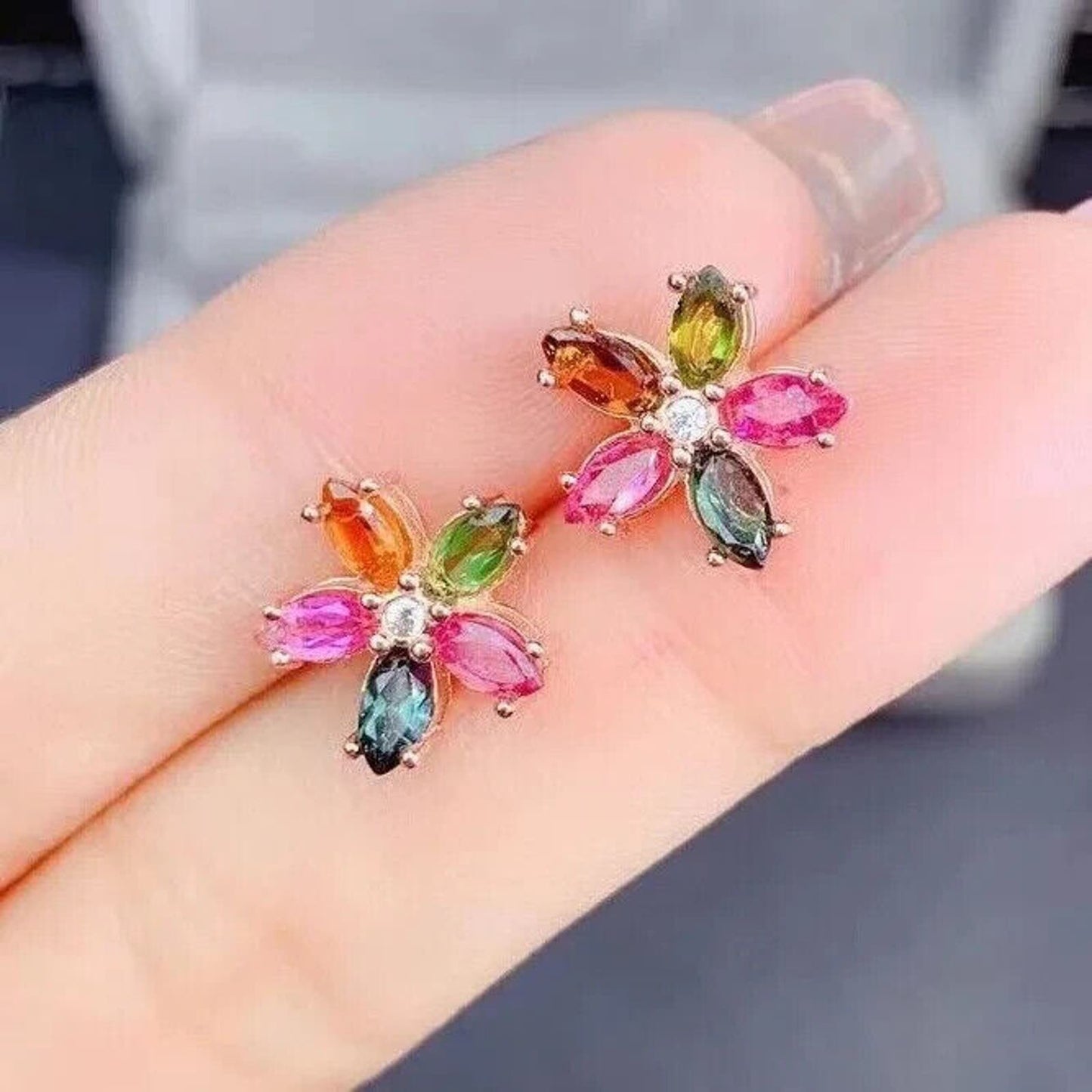 Dainty Tourmaline Flower Stud Earrings