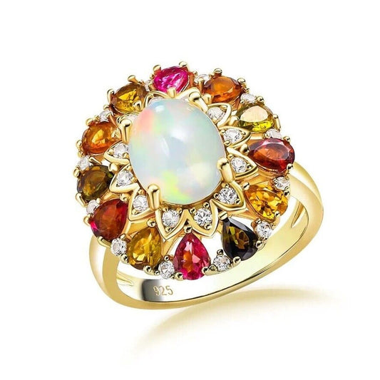 Fire Opal and Tourmaline Gemstone Statement Ring
