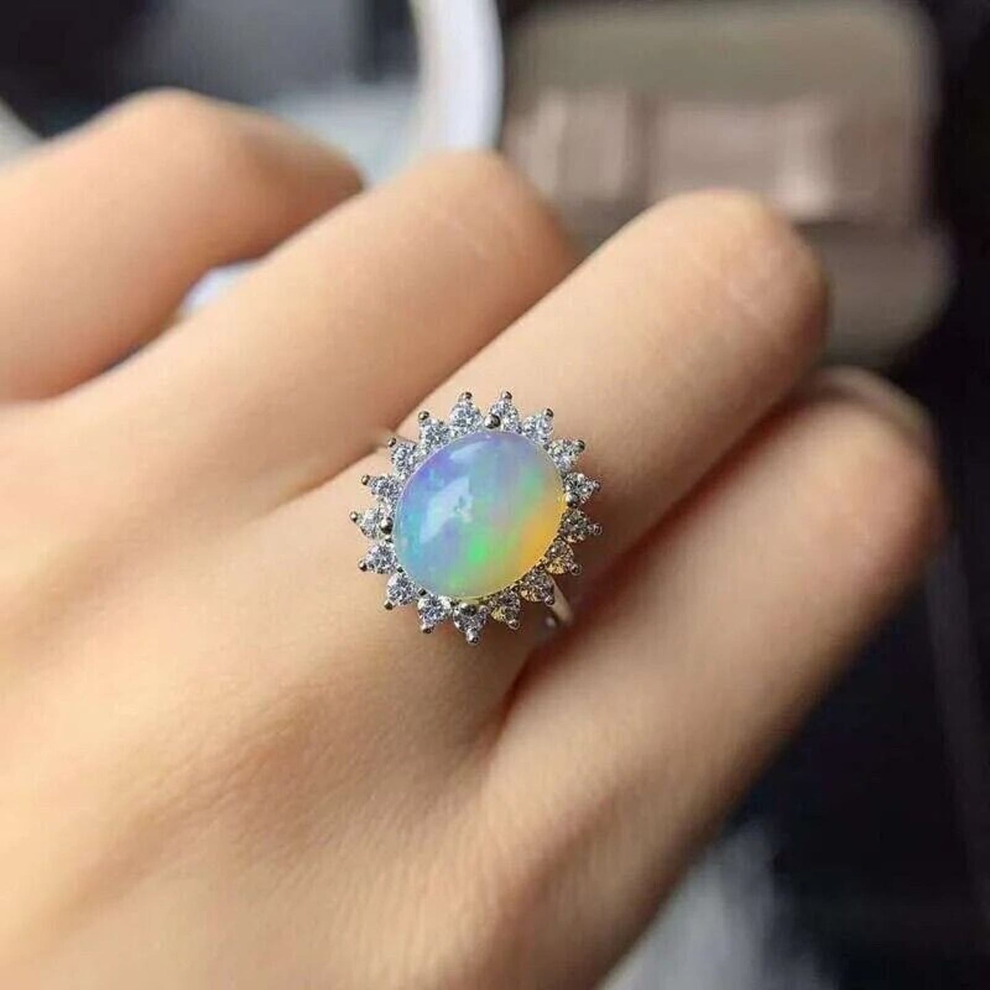 White Fire Opal Statement Ring Oval Cut 8x10mm