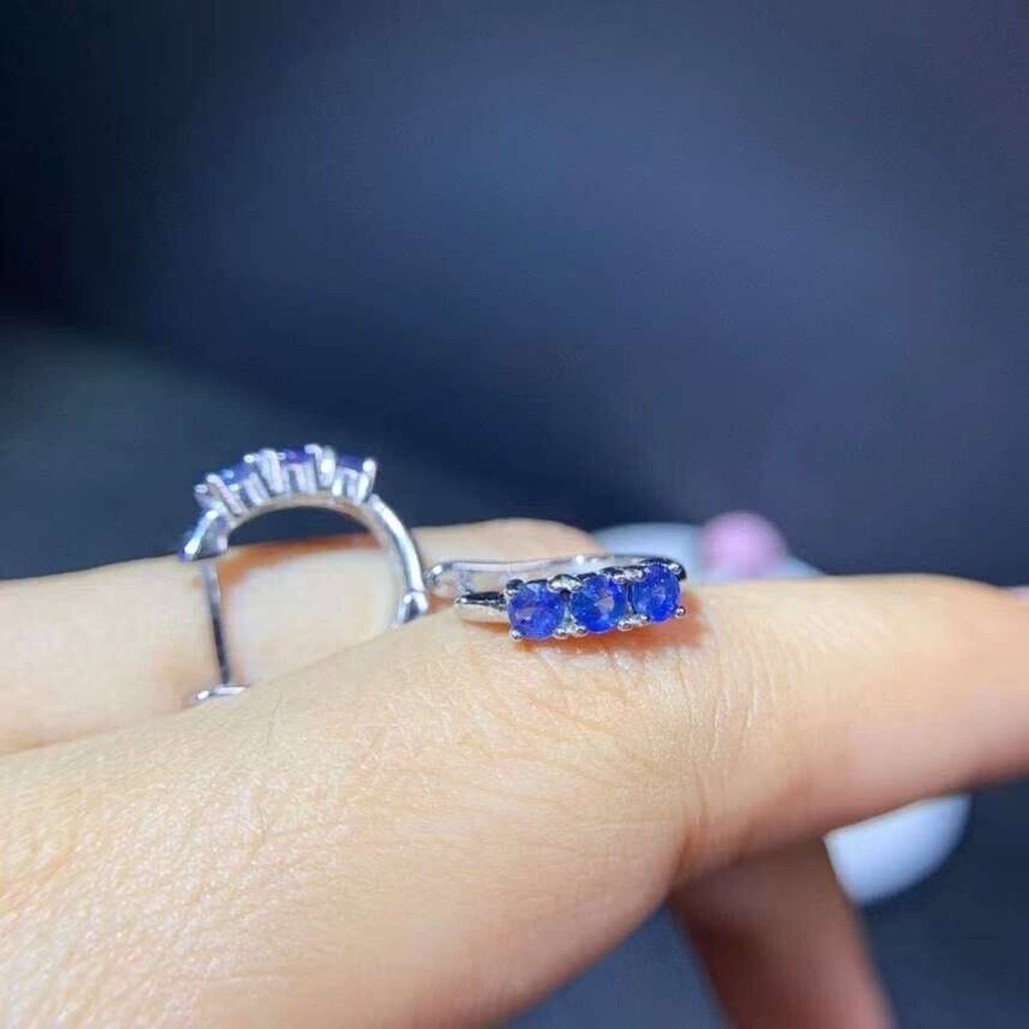 Dainty Sapphire Hoop Earrings - Bright Blue Sri Lanka Sapphire Hoop Earrings 925 Sterling Silver