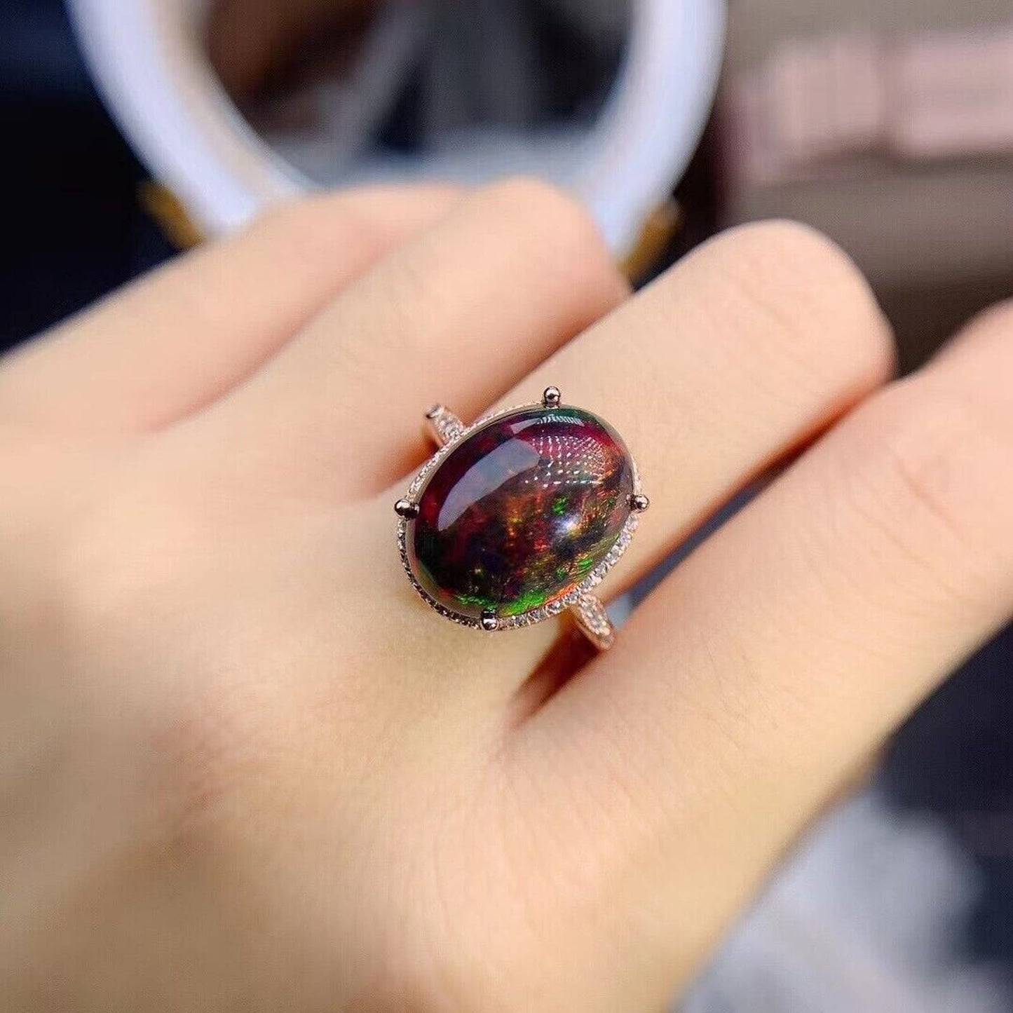 Black Fire Opal Statement Ring 10x14mm Sterling Silver