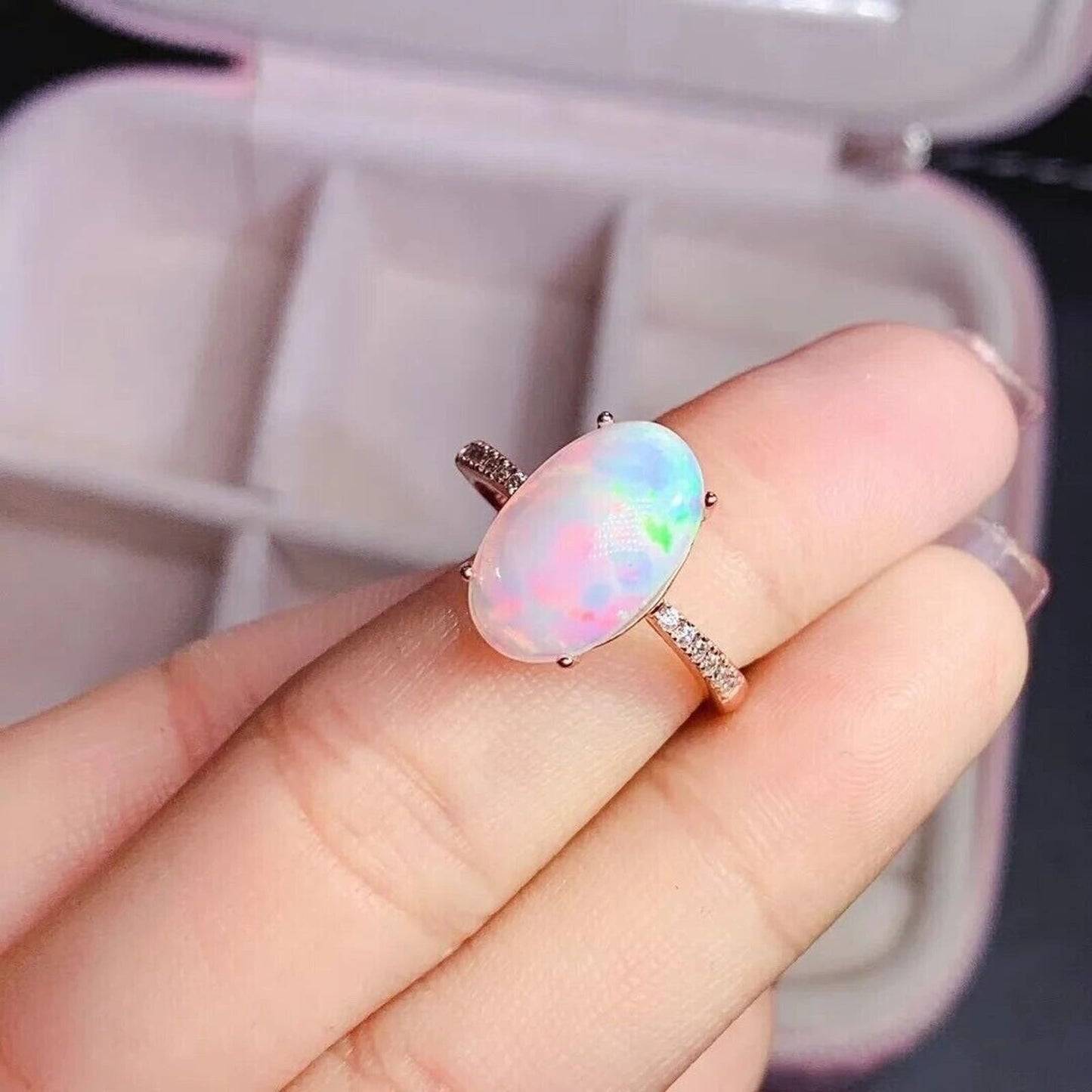 White Fire Opal Statement Ring 9x13mm