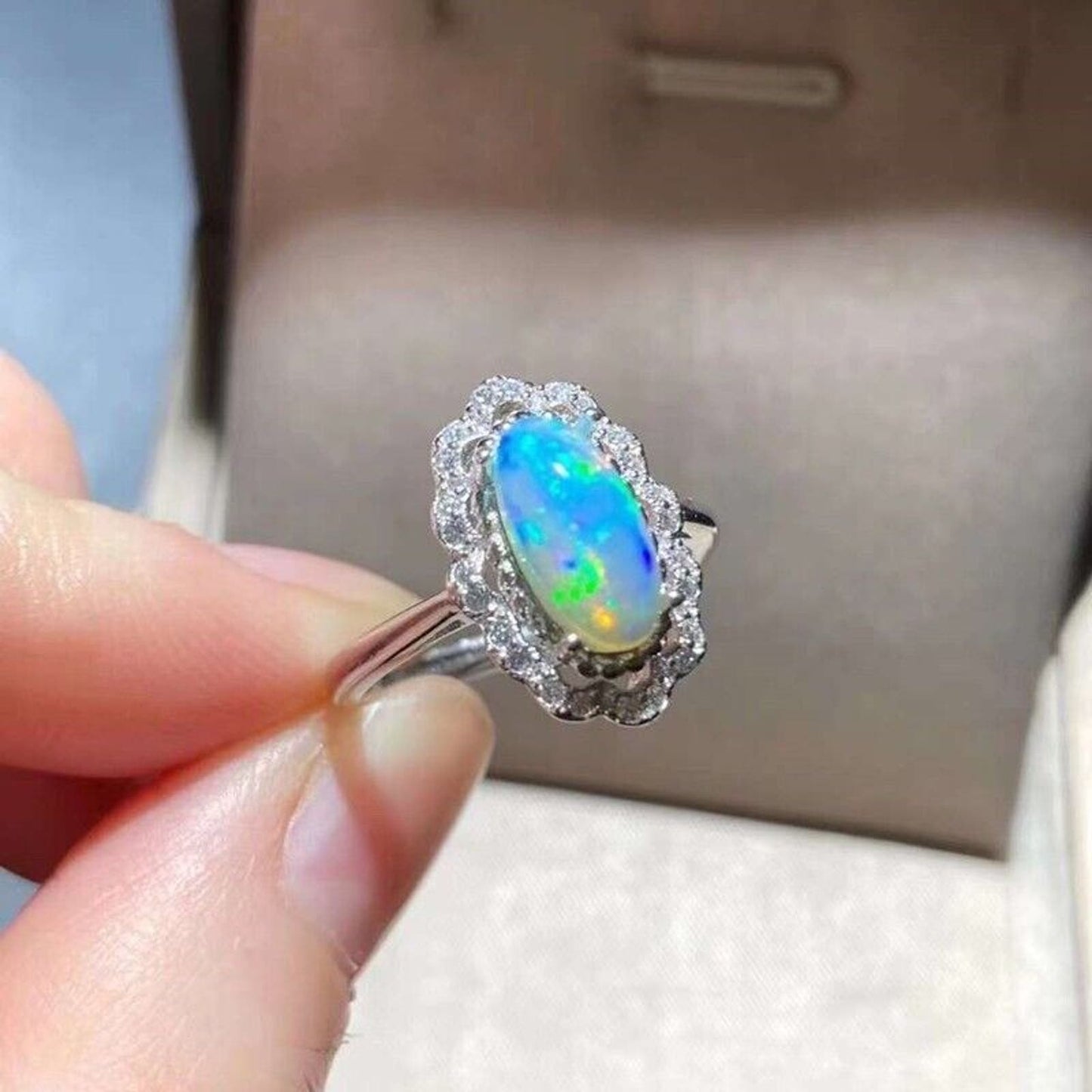 Australian Fire Opal Statement Ring 5x10mm Sterling Silver