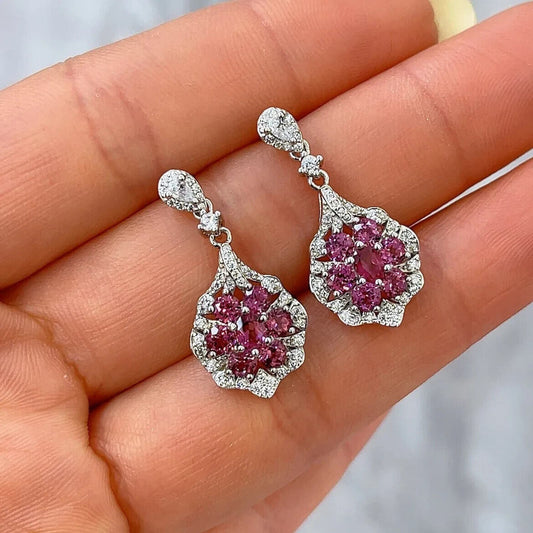 Pink Garnet Dangle Drop Earrings, Pink Garnet Natural Gemstone Earrings Platinum