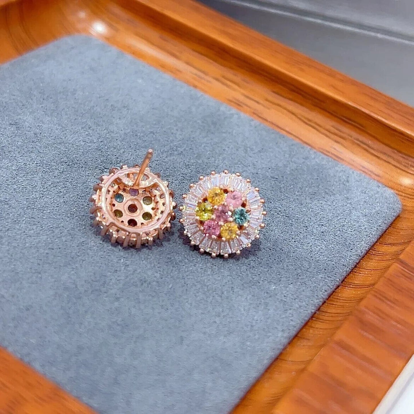 Colorful Natural Tourmaline Stud Earrings Rose Gold