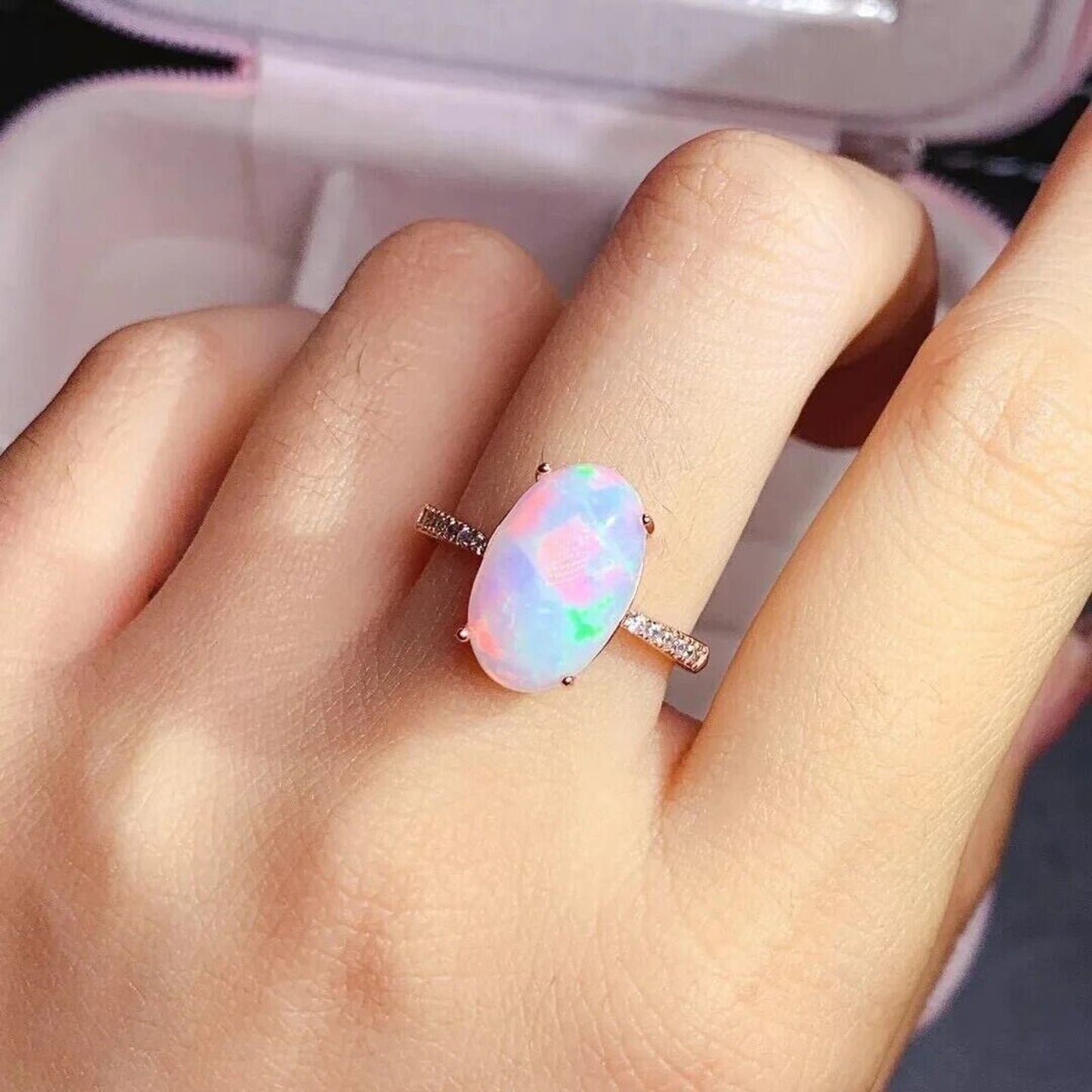 White Fire Opal Statement Ring 9x13mm