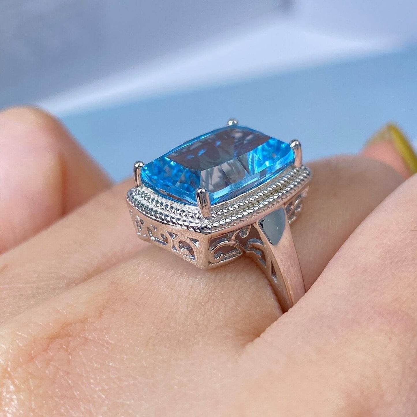 Blue Topaz Cocktail Ring 10x14mm 8 Carat Sterling Silver