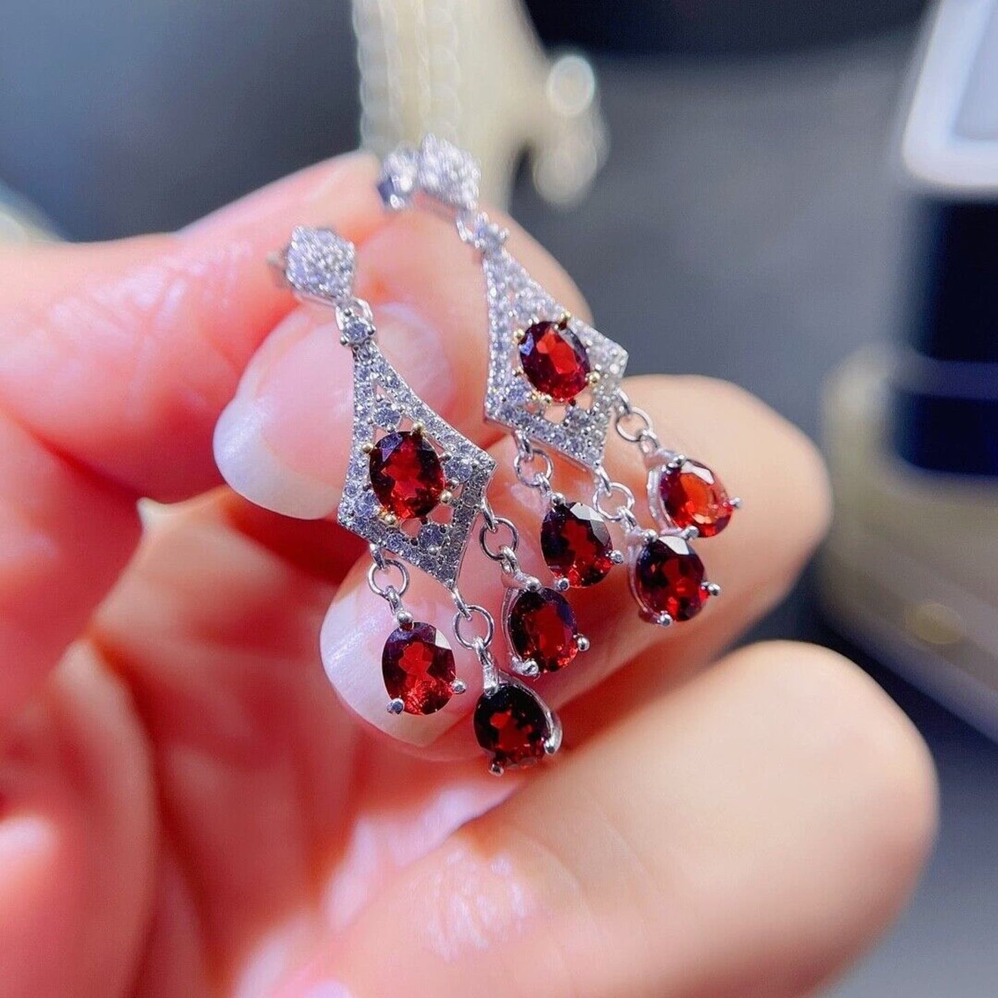 Natural Red Garnet Dangle Earrings 4x5mm Platinum Plated