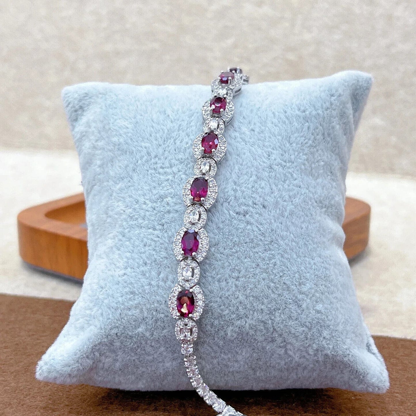 Red Garnet and Cubic Zirconia Tennis Bracelet 4x6mm Platinum