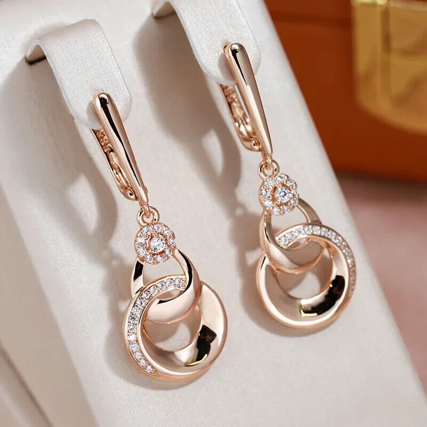 Rose Gold Earrings, Shiny Rose Gold Dangle Earrings, 585 Rose Gold Stud