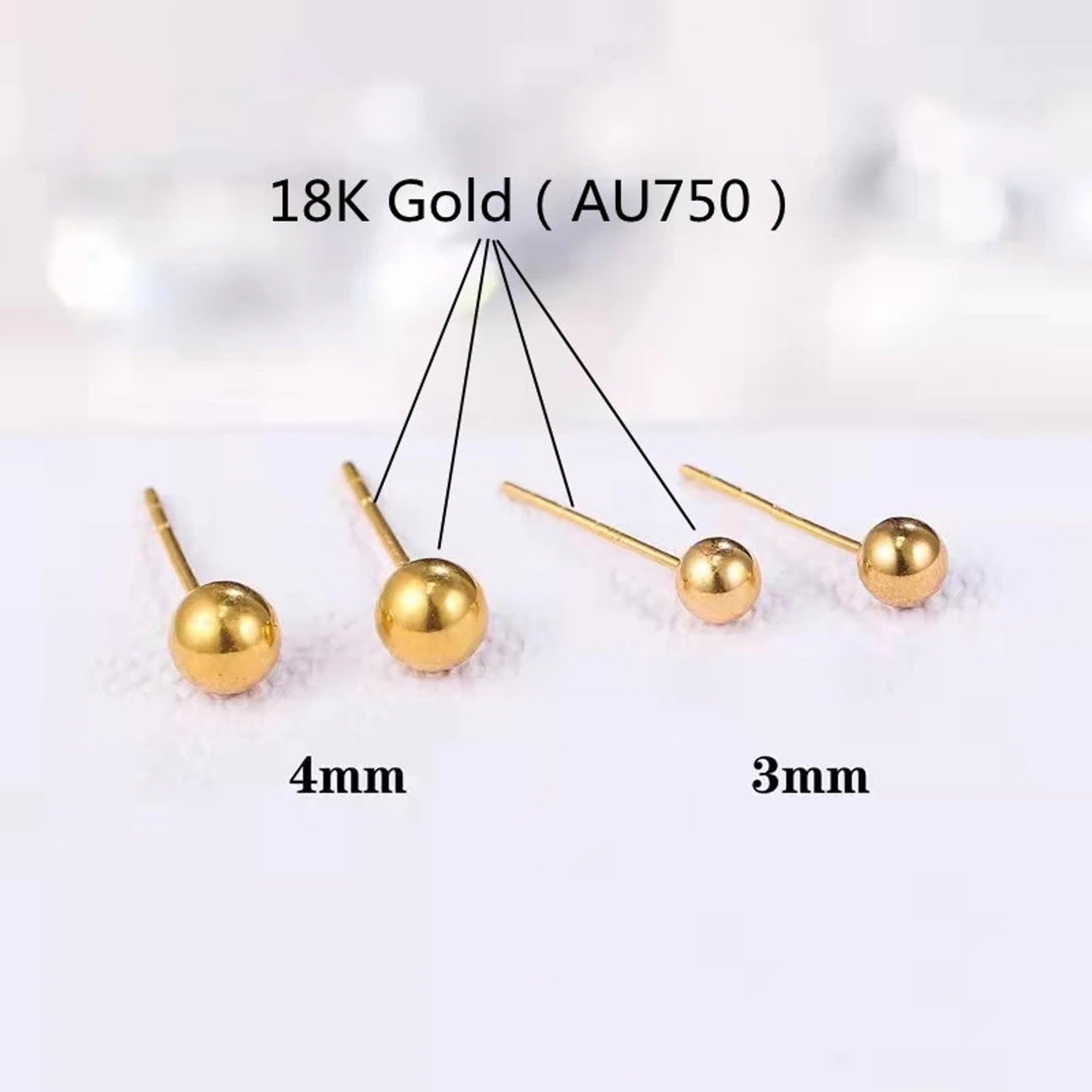 18k Gold Stud Earrings, 3mm Yellow Gold or Rose Gold, Au750 Earrings 18k Gold