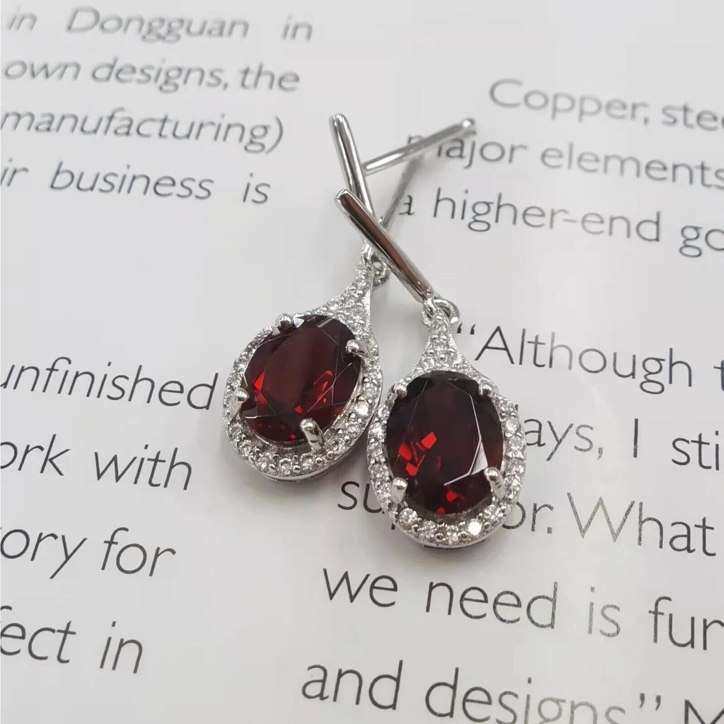 Dark Red Garnet Dangle Earrings 6x8mm Platinum Plated