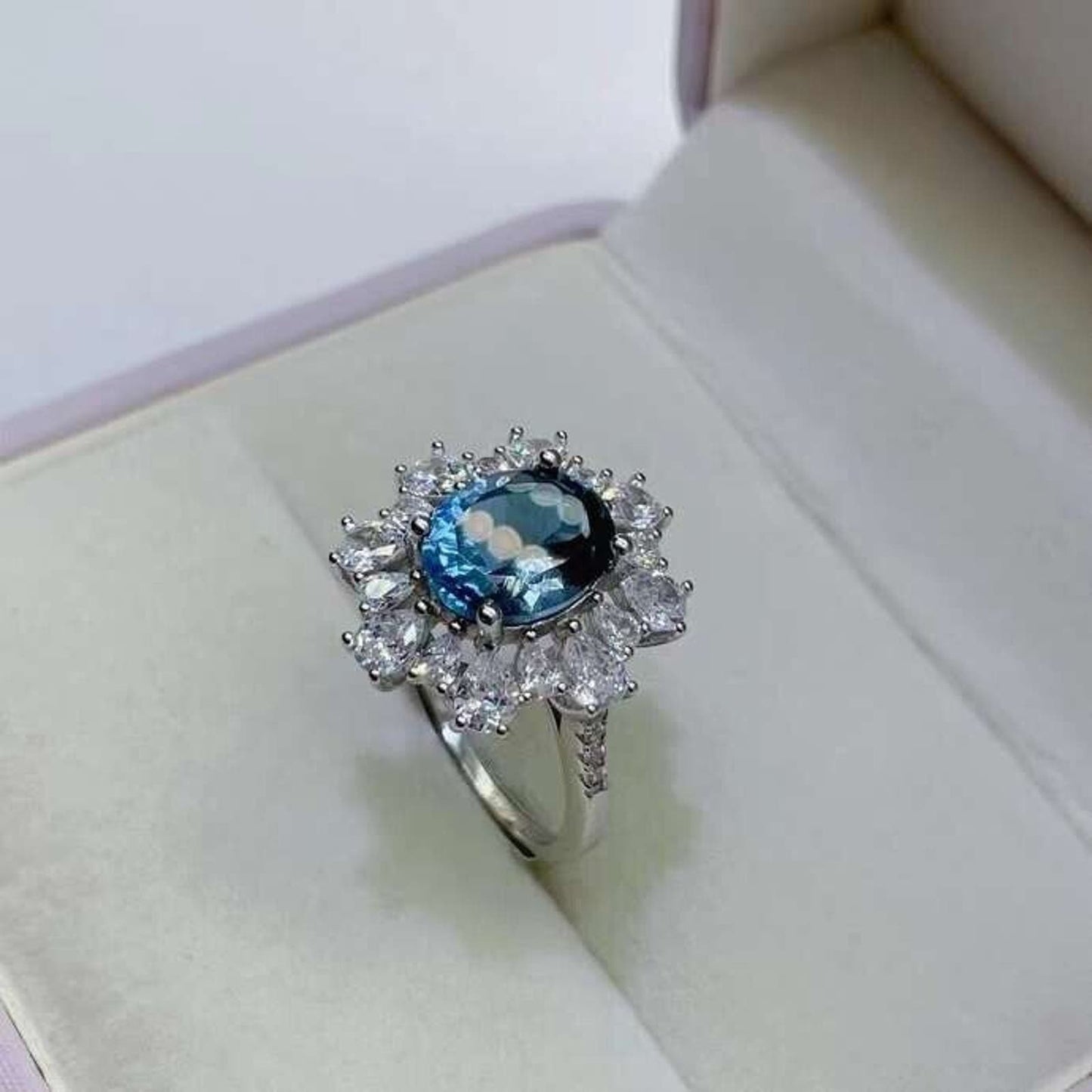 London Blue Topaz Cluster Statement Ring 8x10mm Sterling Silver