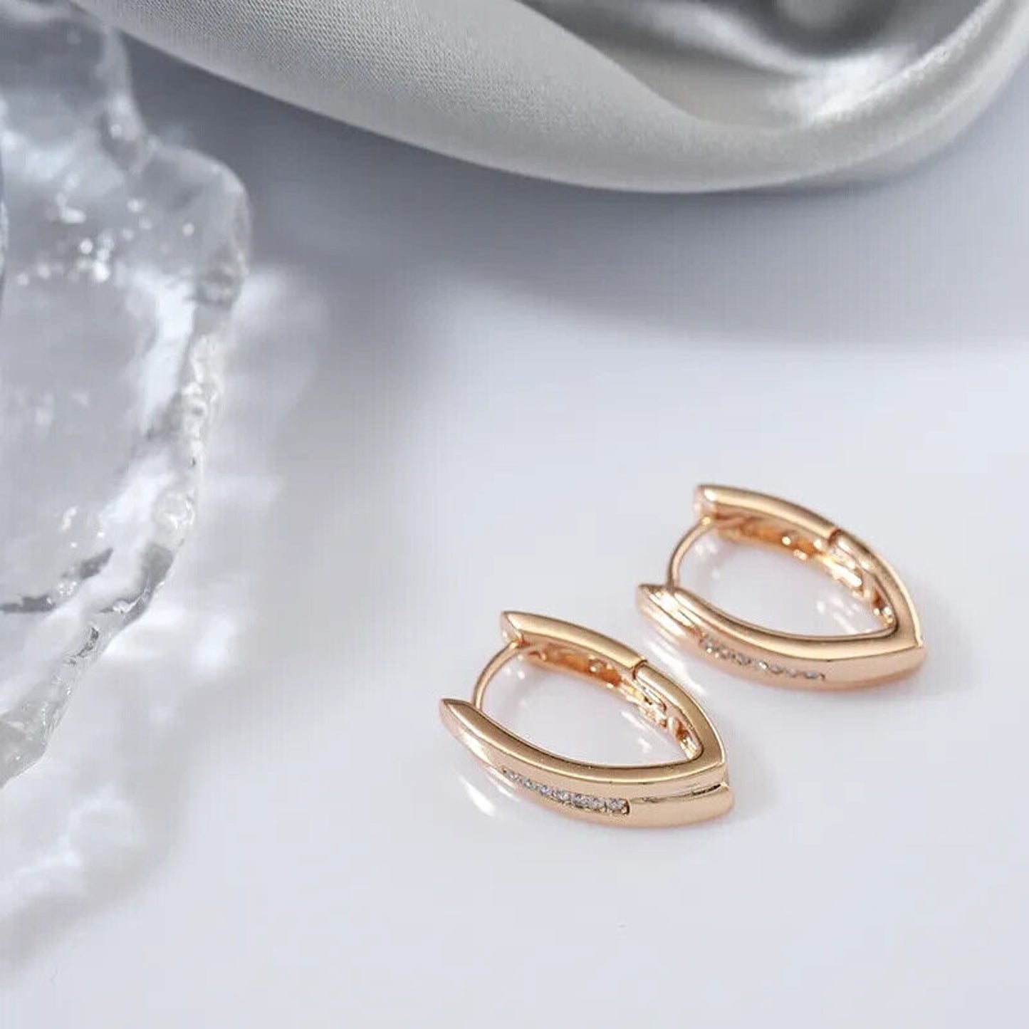 Rose Gold Earrings, Shiny Rose Gold Zircon Earrings, 585 Rose Gold Stud