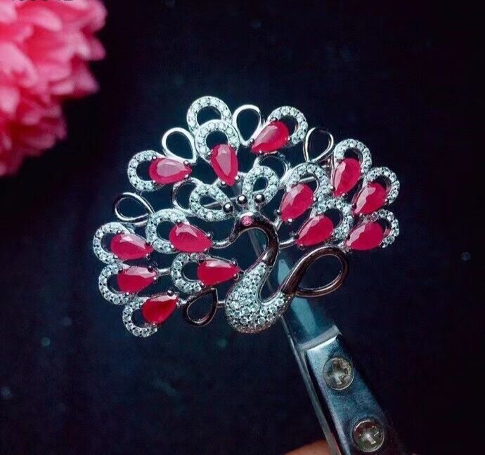 Natural Pink Ruby Peacock Brooch Pin, VVS Grade Pink Burma Ruby Brooch Sterling