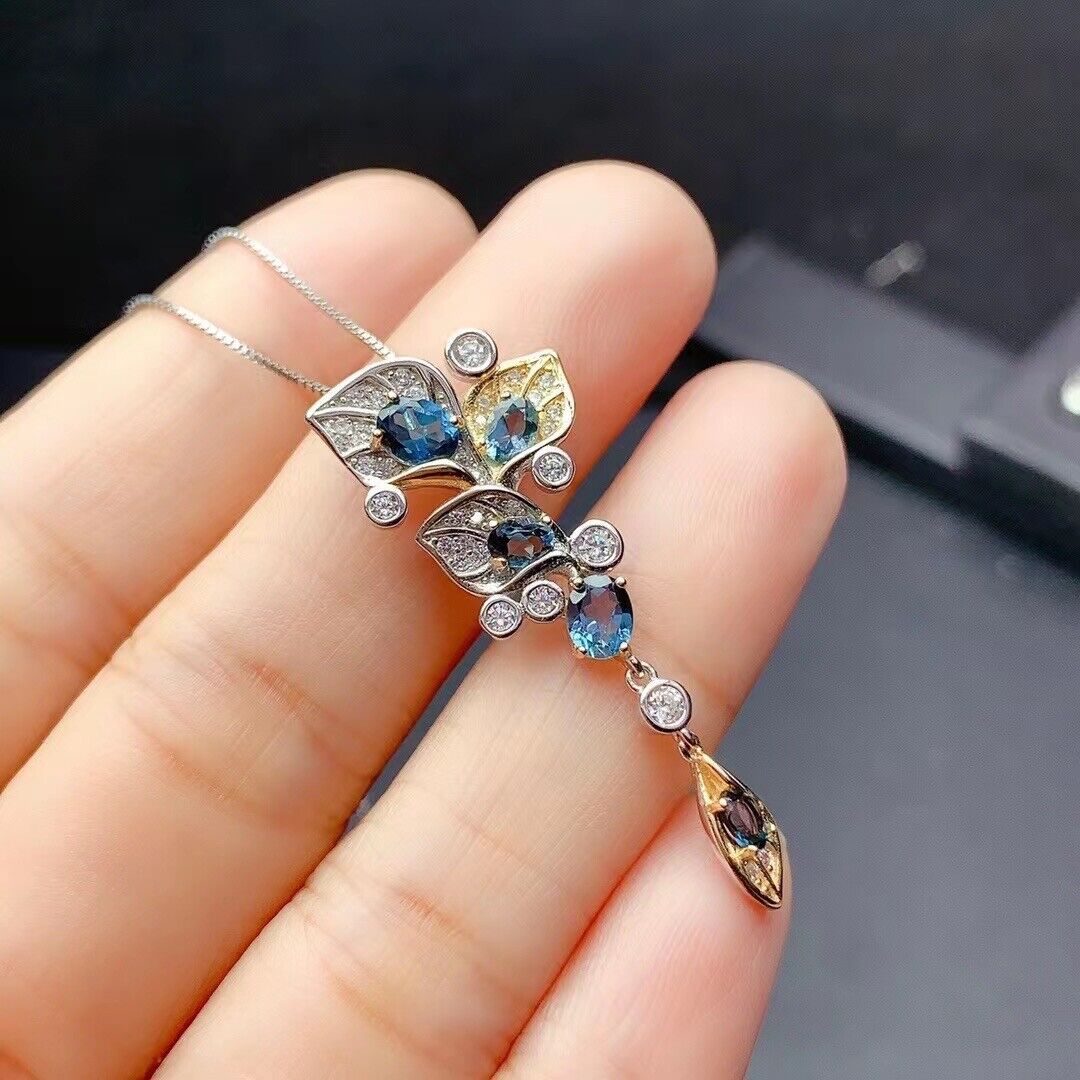 London Blue Topaz Leaf Clavicle Chain Pendant Necklace