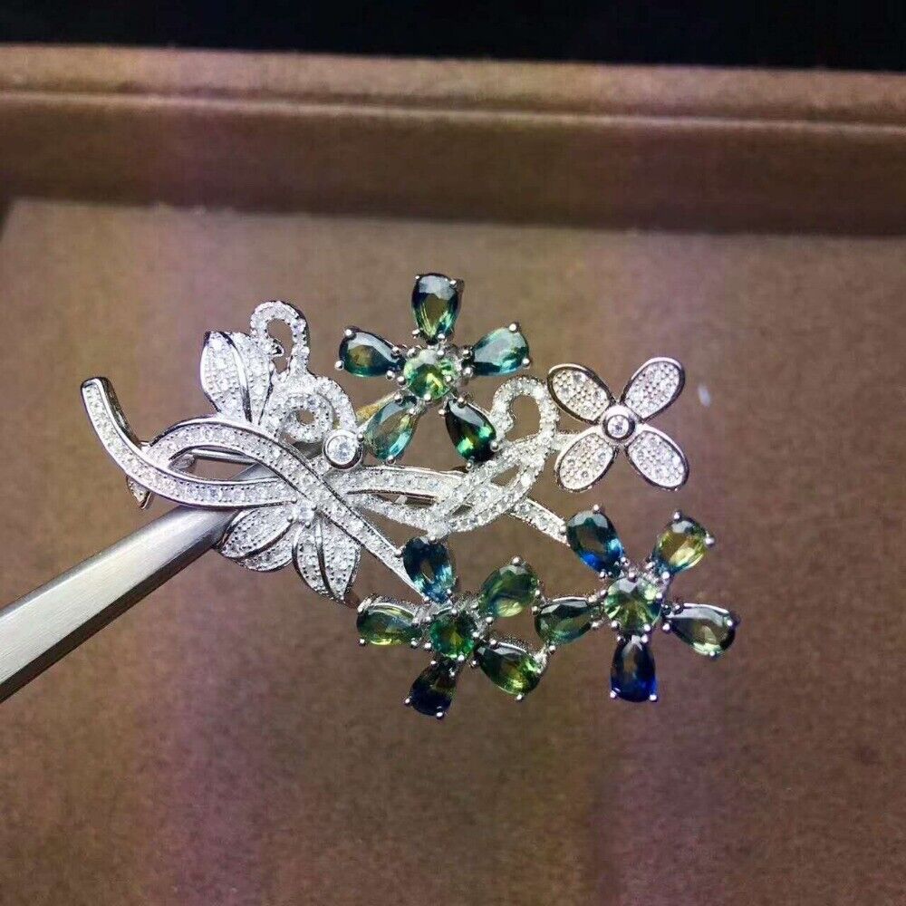 Natural Blue Green Sapphire Flower Bouquet Broach, Natural Sapphire Flower Broach Pin, Women's Gemstone Flower Broach