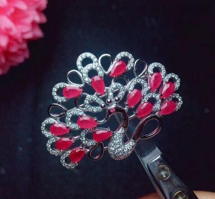 Natural Pink Ruby Peacock Brooch Pin, VVS Grade Pink Burma Ruby Brooch Sterling