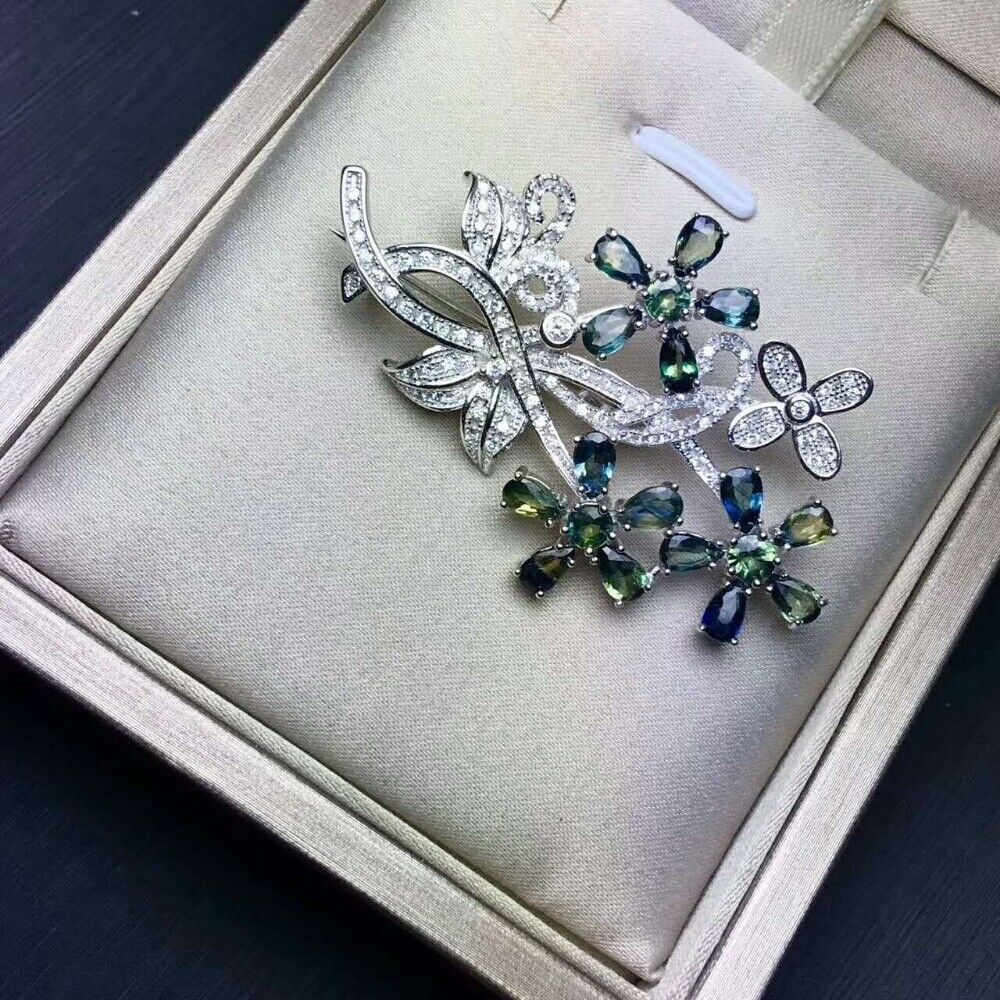 Natural Blue Green Sapphire Flower Bouquet Broach, Natural Sapphire Flower Broach Pin, Women's Gemstone Flower Broach