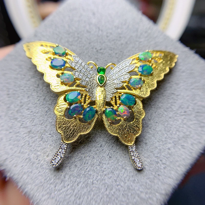 Broche de mariposa de ópalo australiano, alfiler y colgante de broche de mariposa de ópalo azul