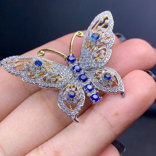 Alfiler de mariposa de zafiro azul, broche de zafiro de mariposa, broche de zafiro natural